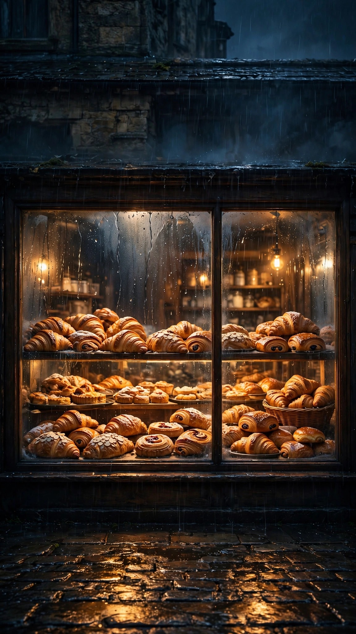 Warm bakery window with croissants on rainy night