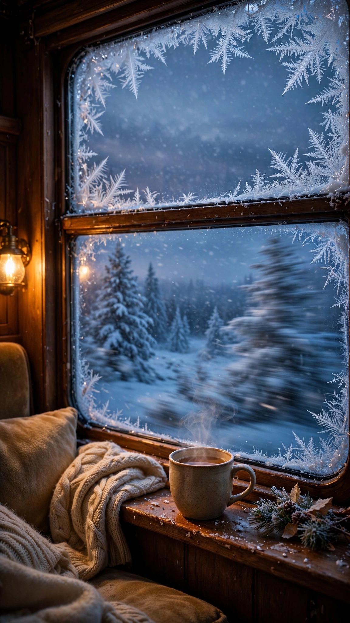 Cozy train window view of snowy pines with tea