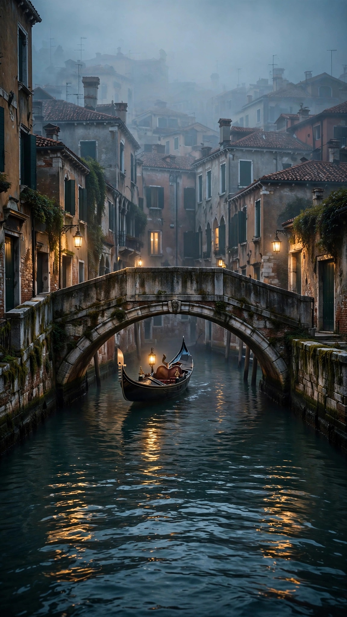 Gondola under stone bridge on misty Venice canal