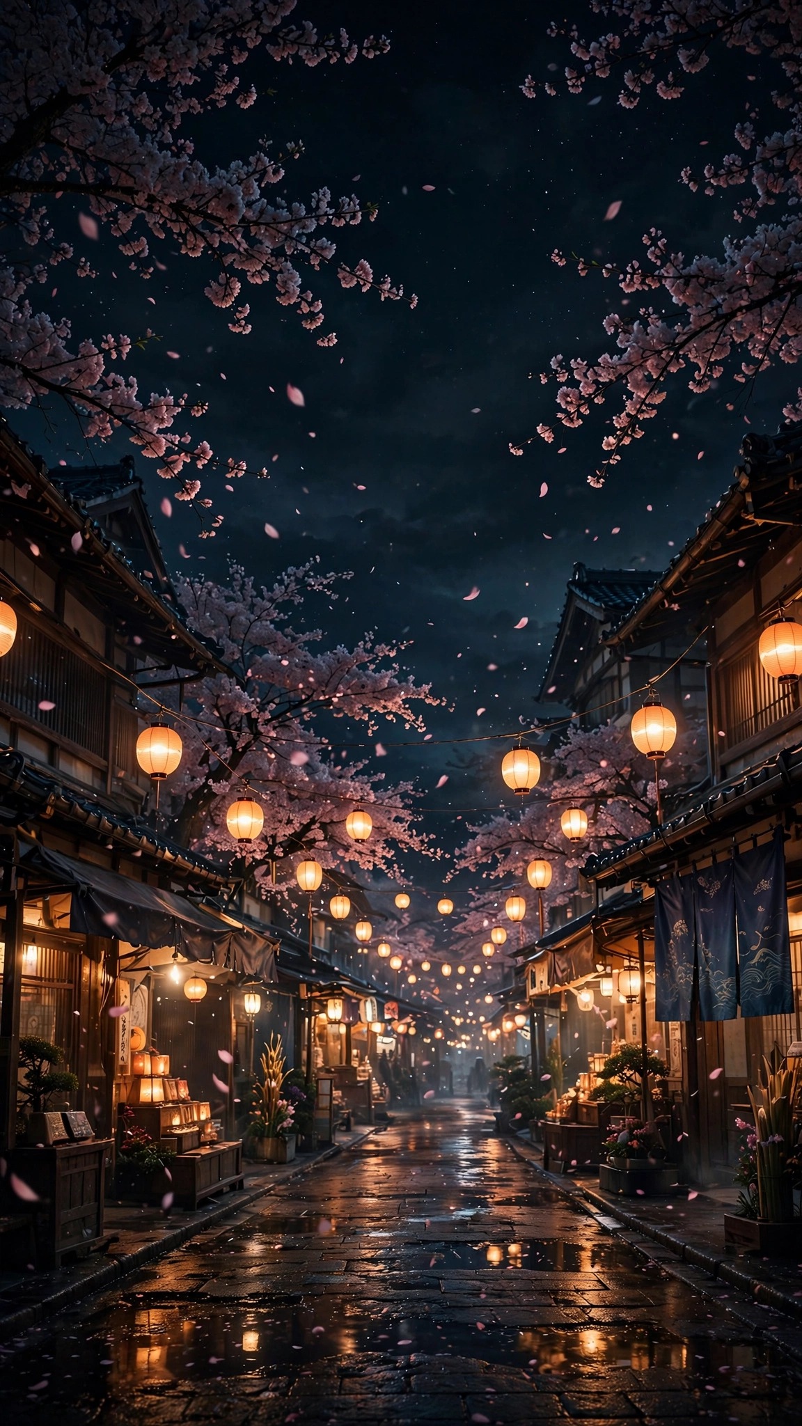 Cherry blossom night festival street with glowing lanterns and falling pink petals, aesthetic wallpaper