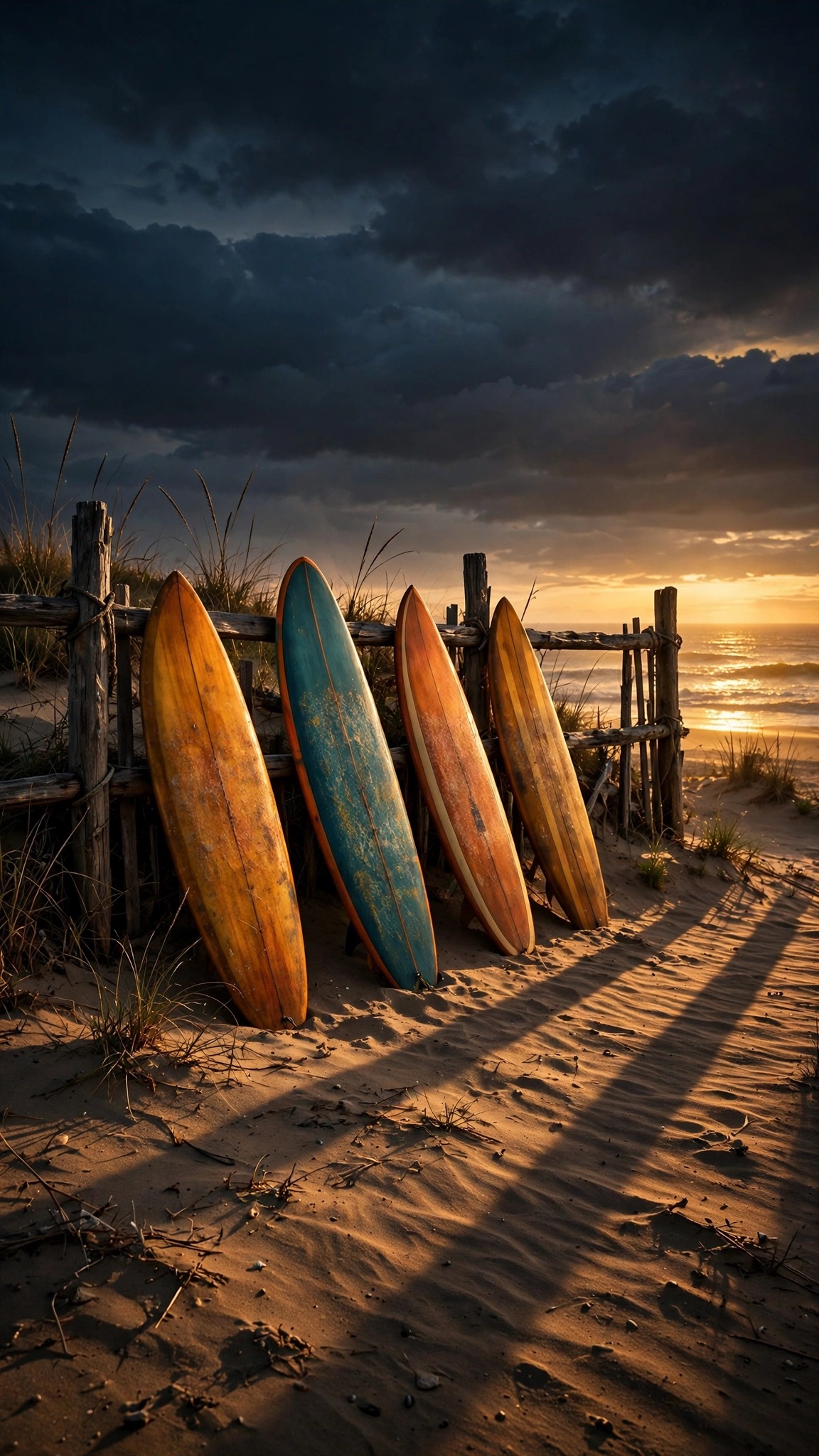 Golden-hour surfboards leaning on a dune fence above warm sand and glowing sea, aesthetic wallpaper