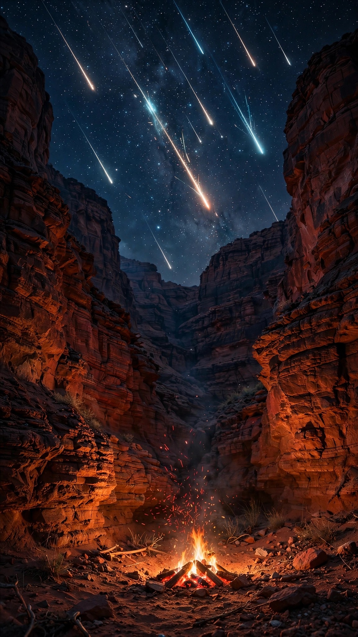 Meteor shower over red desert canyon at night with a glowing campfire in the foreground, aesthetic wallpaper