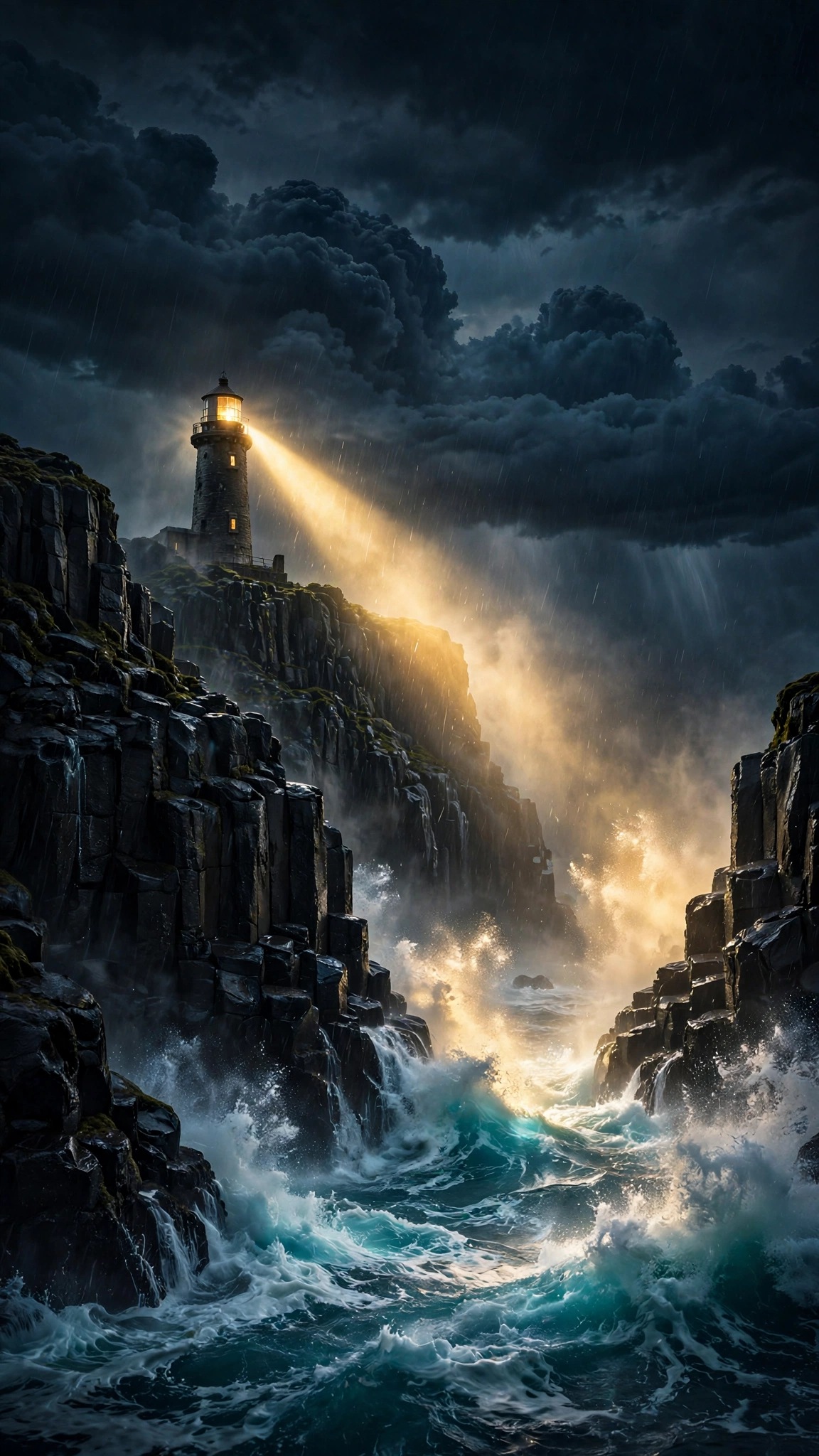 Stormy lighthouse beam over black basalt cliffs with crashing turquoise waves at night, aesthetic wallpaper