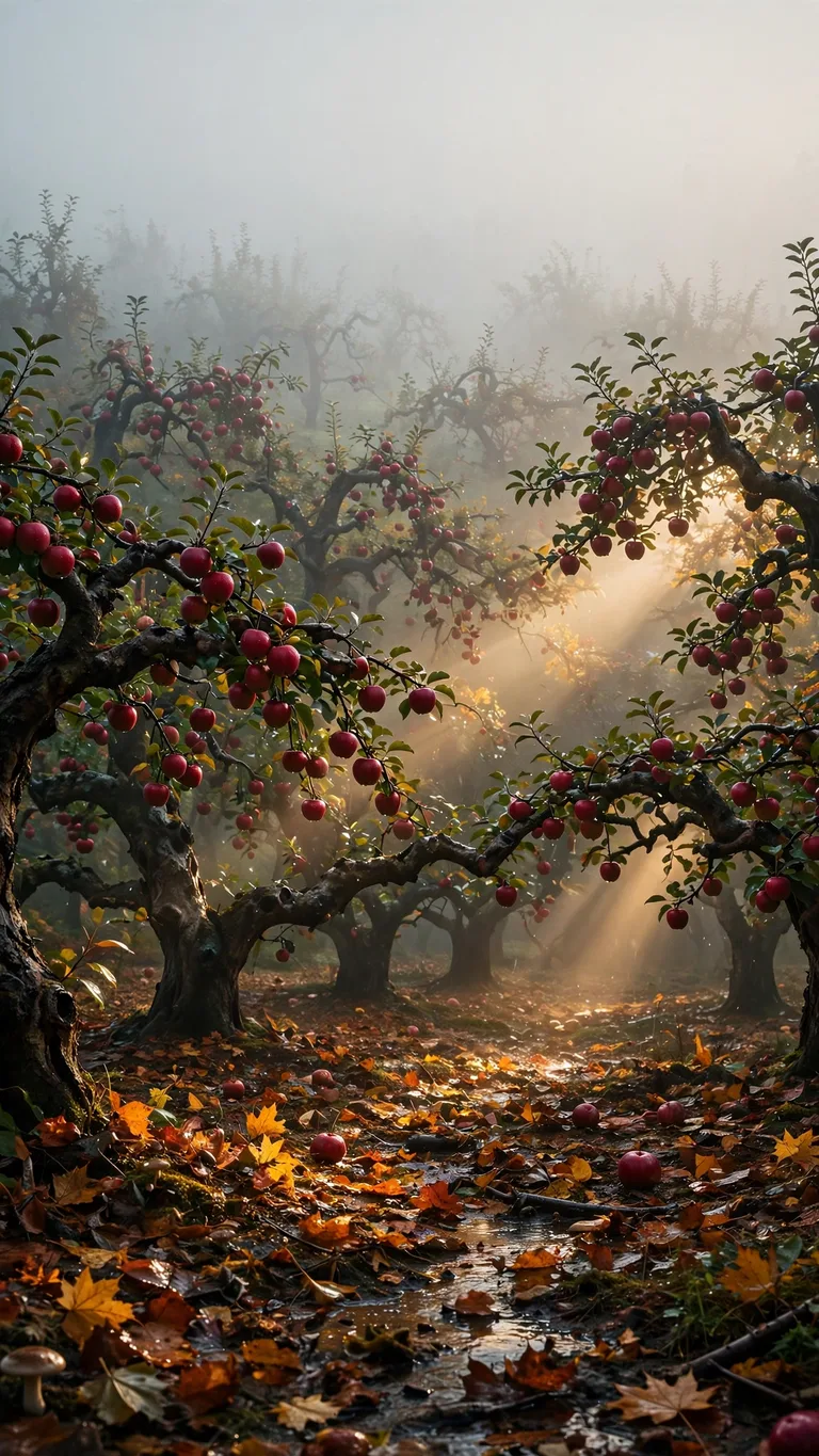 Apple orchard in autumn mist with ruby apples, aesthetic wallpaper