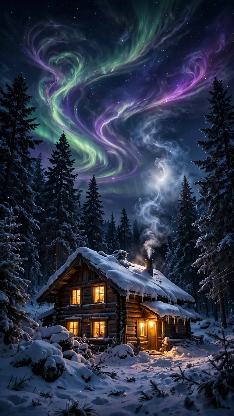 Cozy snowy cabin glowing under green and purple aurora, aesthetic wallpaper