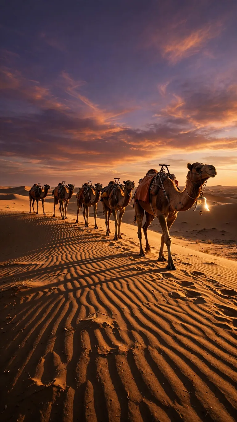 Camel caravan crossing desert dunes at sunset, aesthetic wallpaper