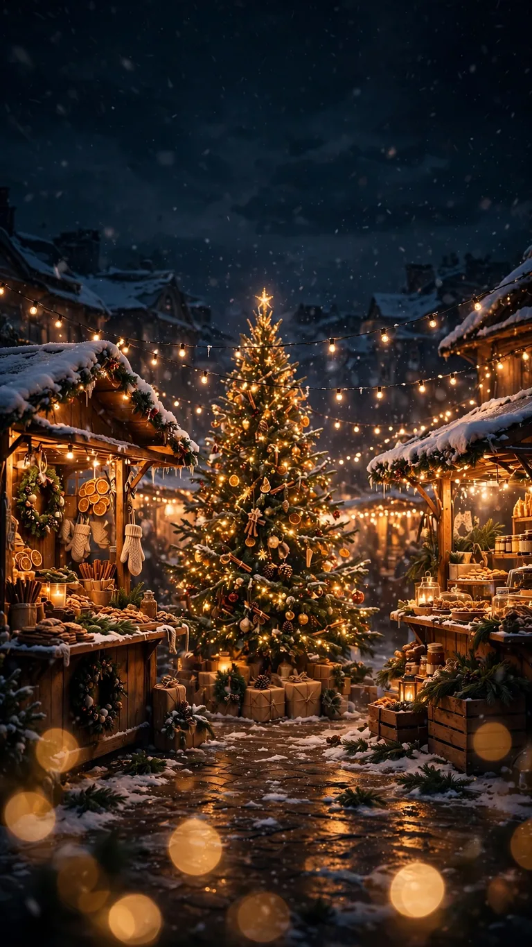 Cozy Christmas market at night with glowing stalls, aesthetic wallpaper