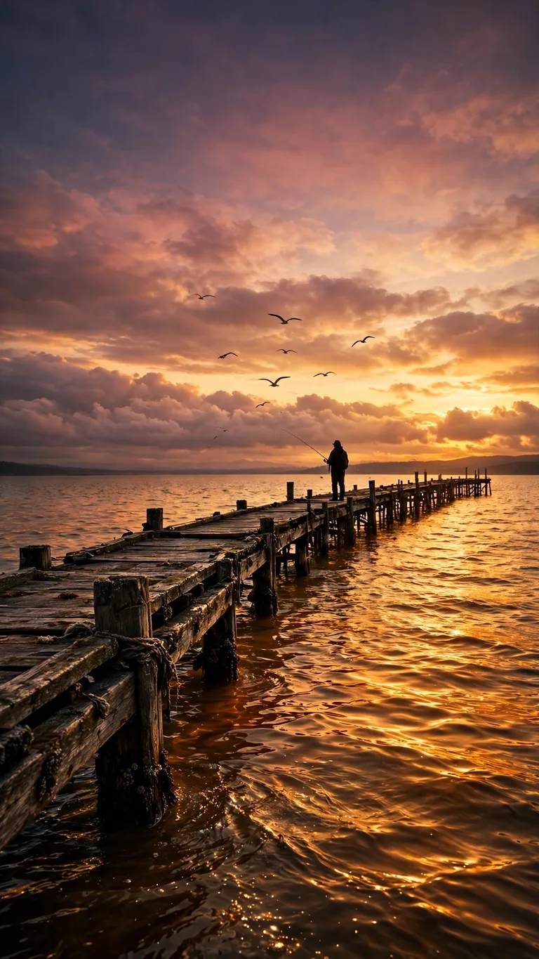 Lone fisherman on a wooden pier at sunset, golden water, aesthetic wallpaper
