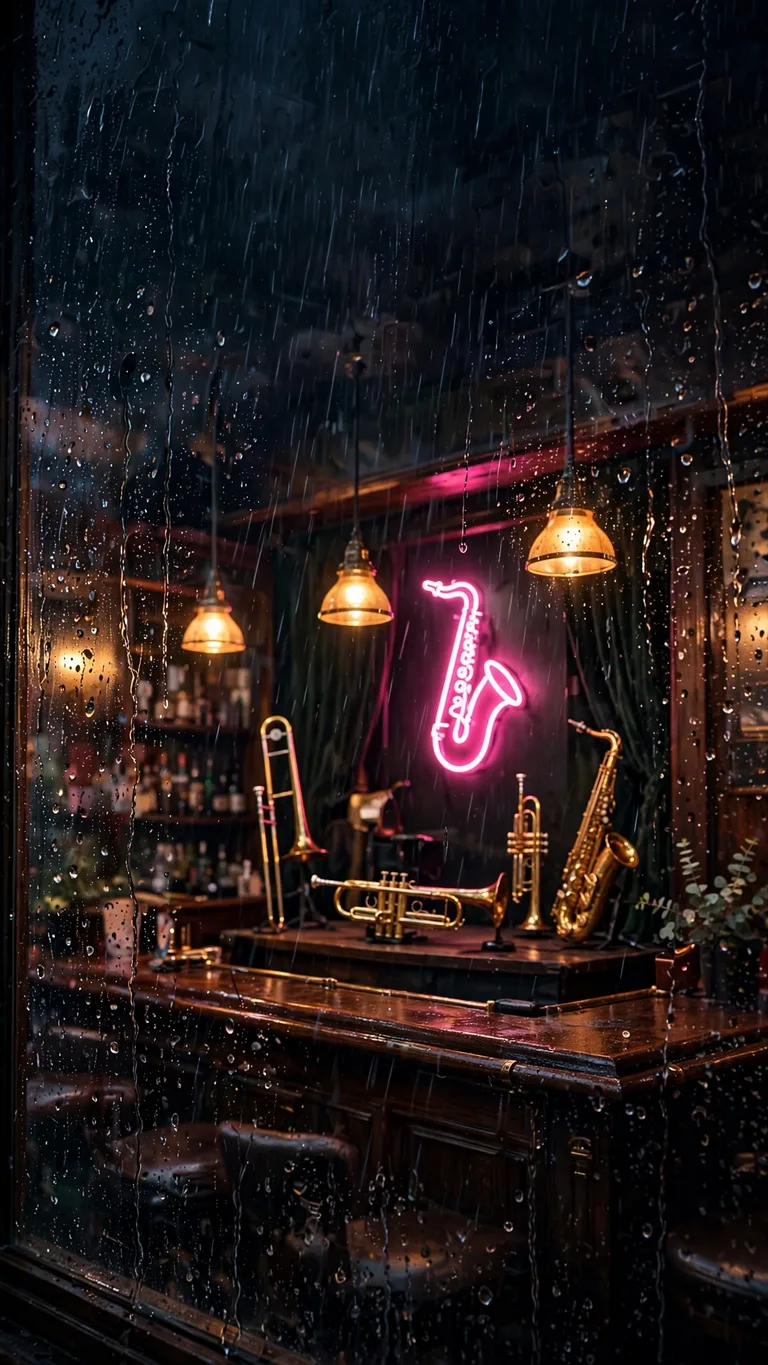 Moody jazz bar at night through a rainy window with neon glow, aesthetic wallpaper