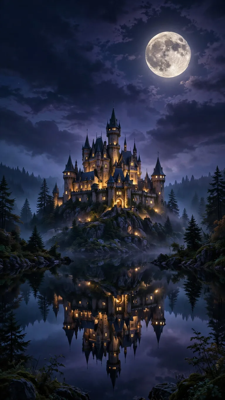 Fairytale castle under full moon mirrored in a still lake, aesthetic wallpaper