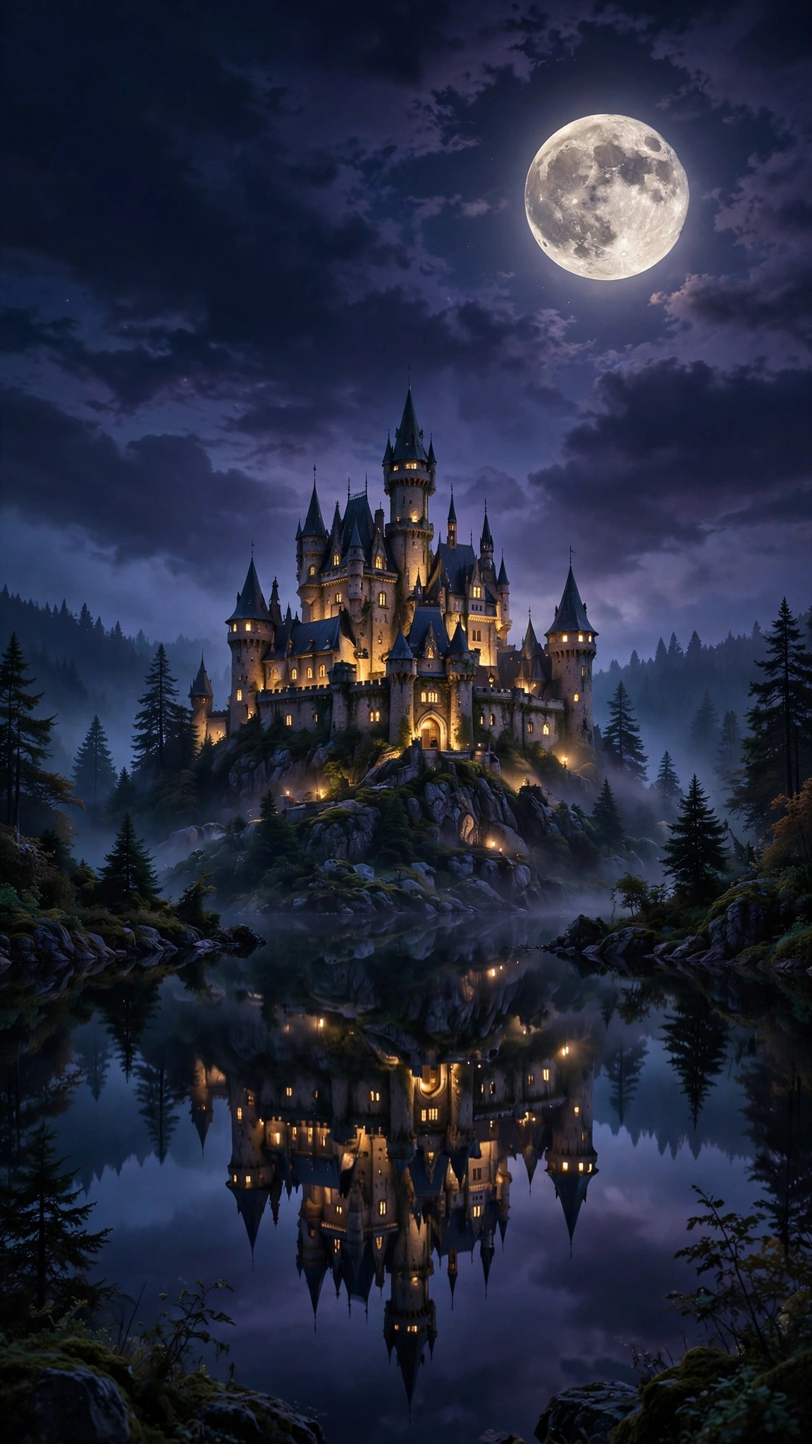 Fairytale castle under full moon mirrored in a still lake, aesthetic wallpaper