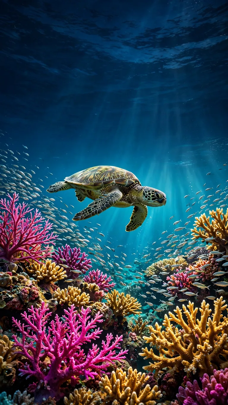 Sea turtle gliding over a vibrant coral reef, aesthetic wallpaper