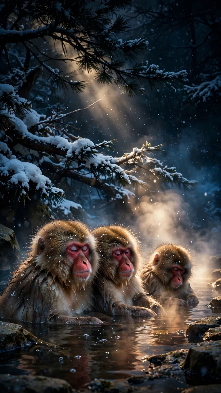 Snow monkeys in a steaming hot spring amid falling snow, aesthetic wallpaper
