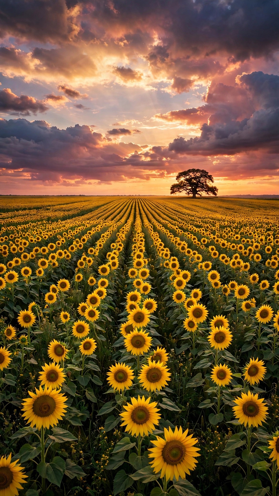 Vast sunflower field at golden hour under blazing sunset, aesthetic wallpaper