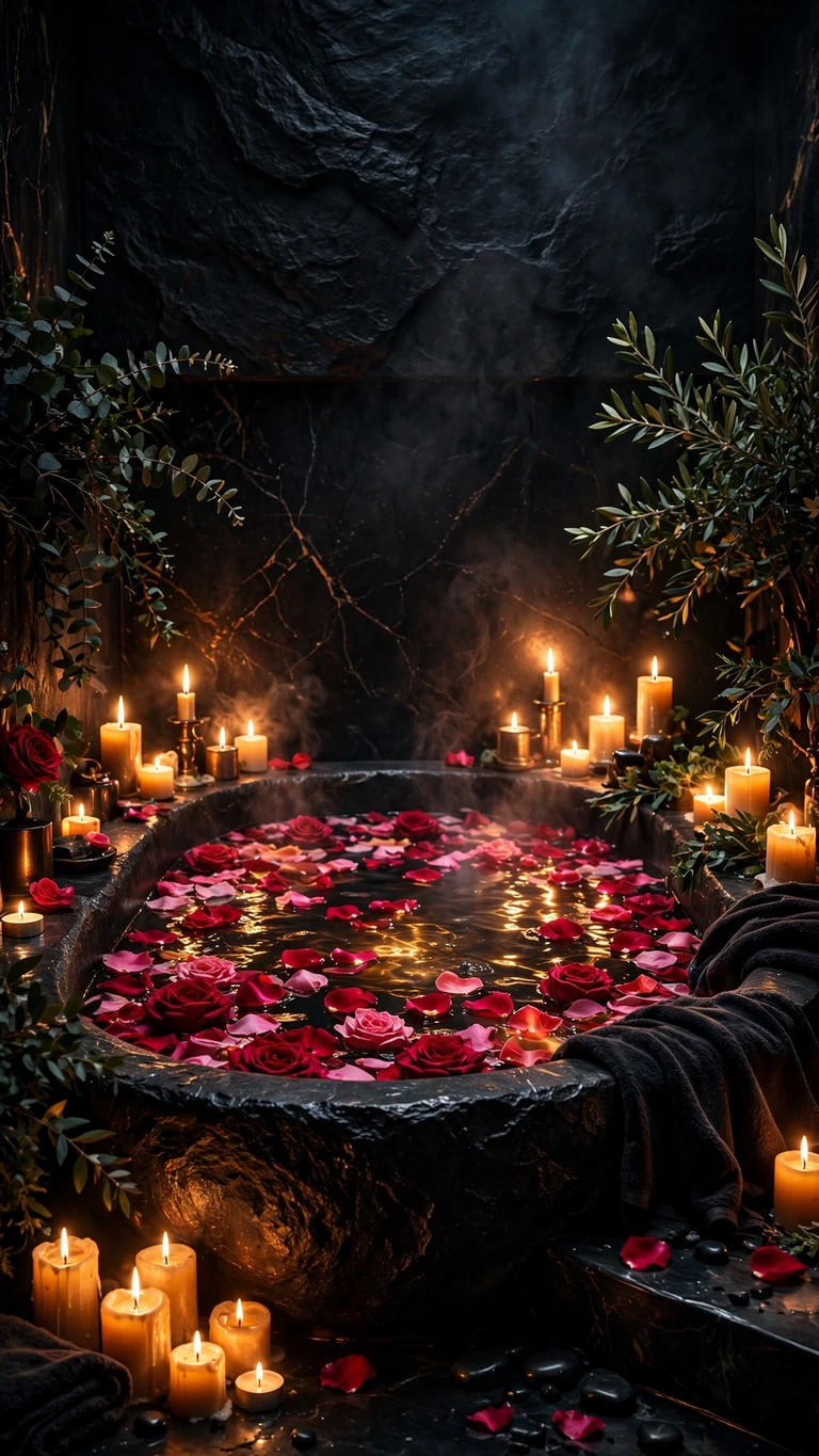Candlelit Bath Petals Night, vertical aesthetic phone wallpaper