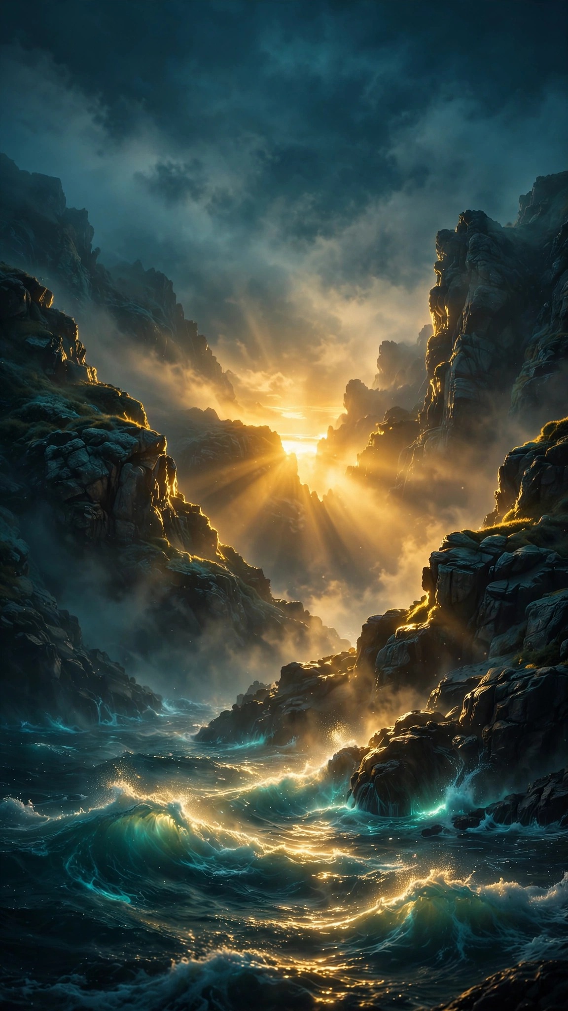 Coastal Sunrise Mist Cliffs, vertical aesthetic phone wallpaper
