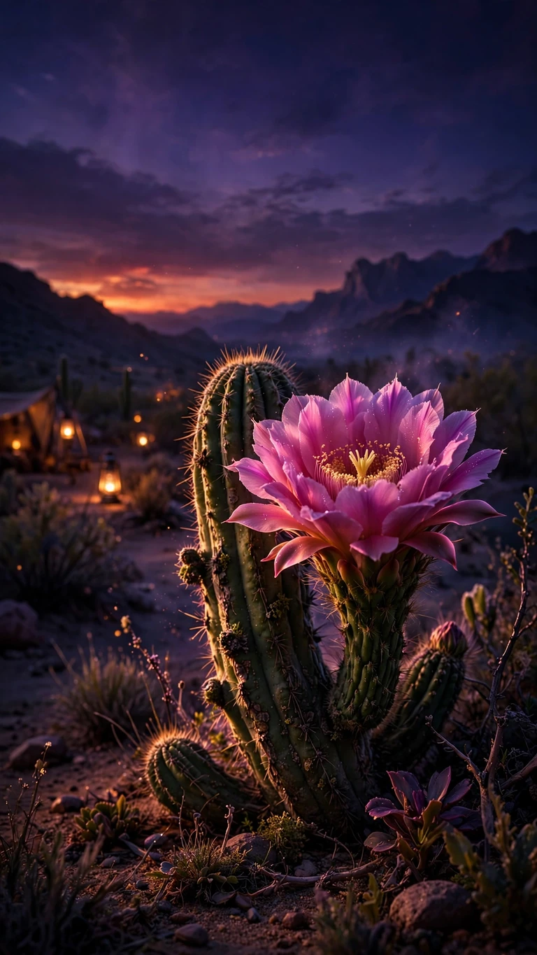 Desert Cactus Bloom Dusk, vertical aesthetic phone wallpaper