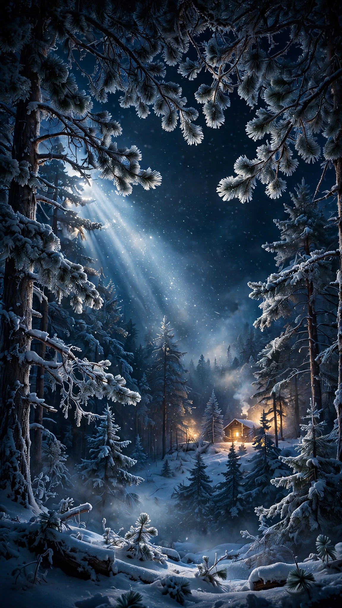 Moonlit Snowy Pine Forest, vertical aesthetic phone wallpaper