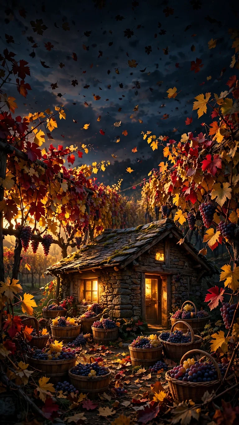 Stone cottage among autumn grapevine rows with harvest baskets at dusk, vertical aesthetic wallpaper
