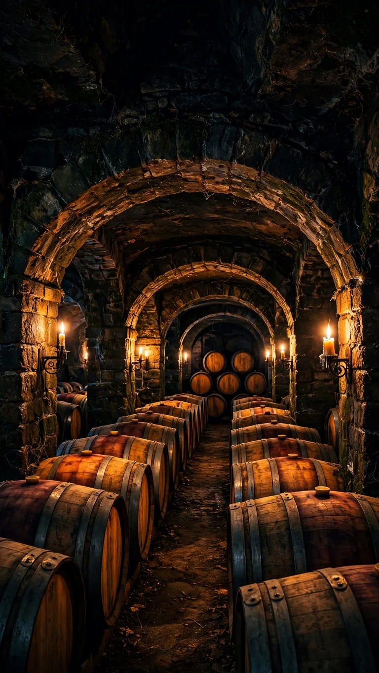Candlelit wine cellar with oak barrels under stone arches at night, vertical aesthetic wallpaper