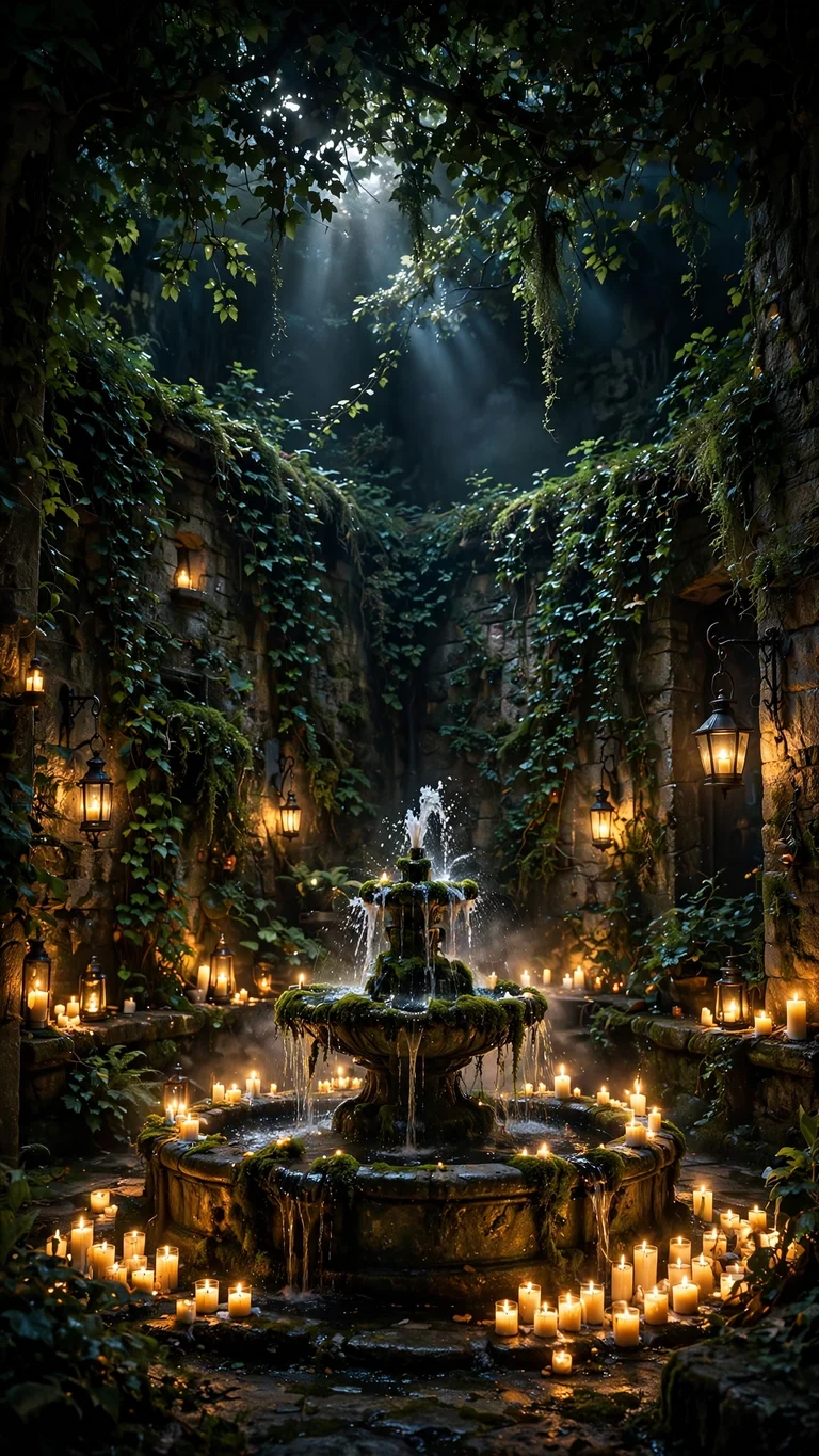 Candlelit stone courtyard fountain with lanterns among ivy-covered walls at night, vertical aesthetic wallpaper
