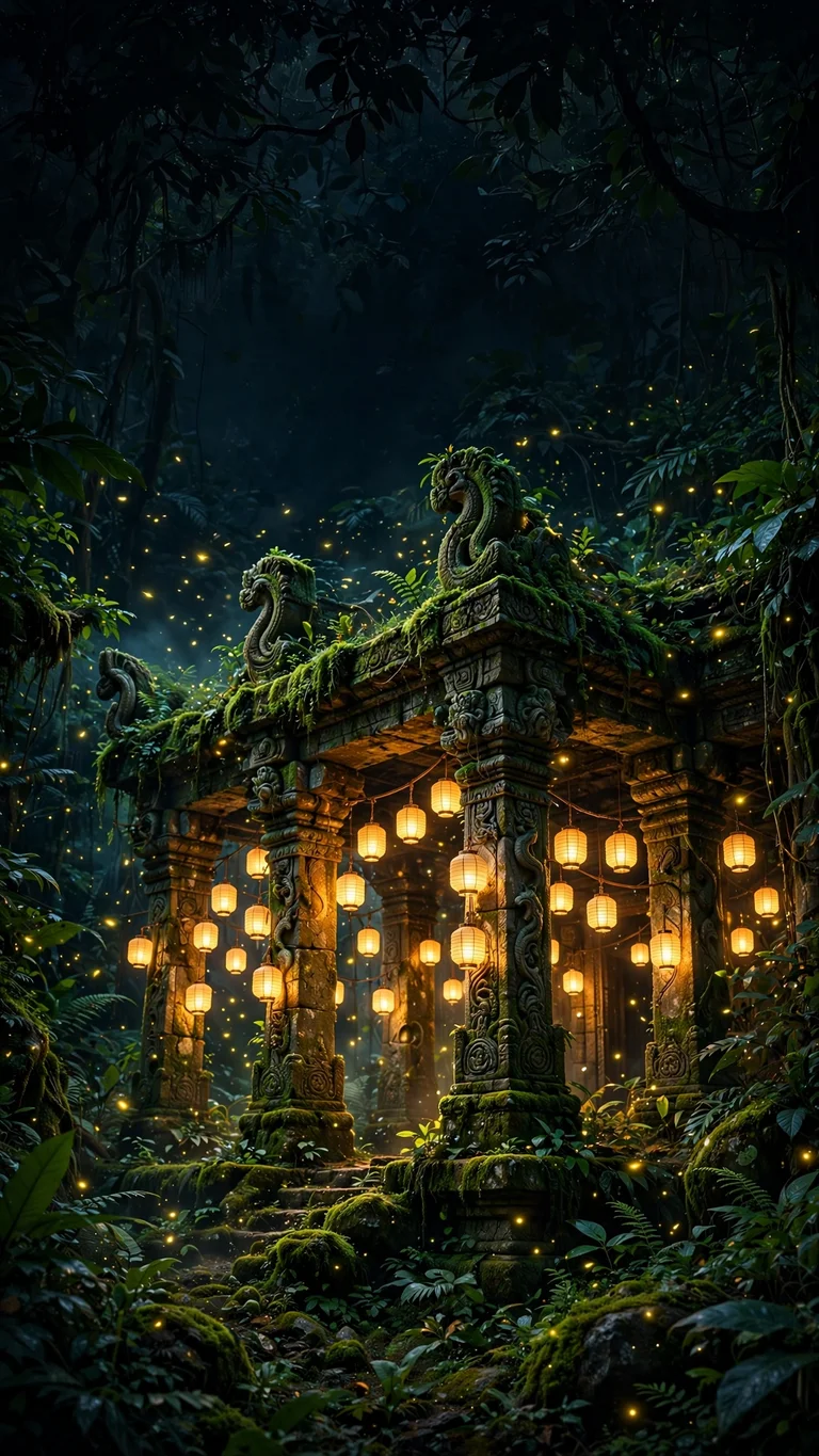 Ancient stone temple at night with hanging paper lanterns and fireflies, vertical aesthetic wallpaper