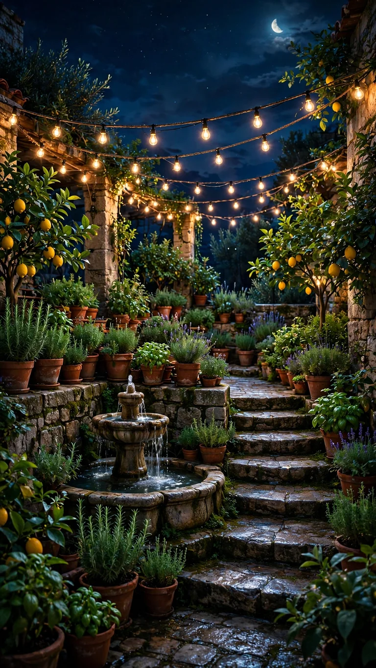 Moonlit Mediterranean terrace with herbs, lemon trees and string lights, vertical aesthetic wallpaper