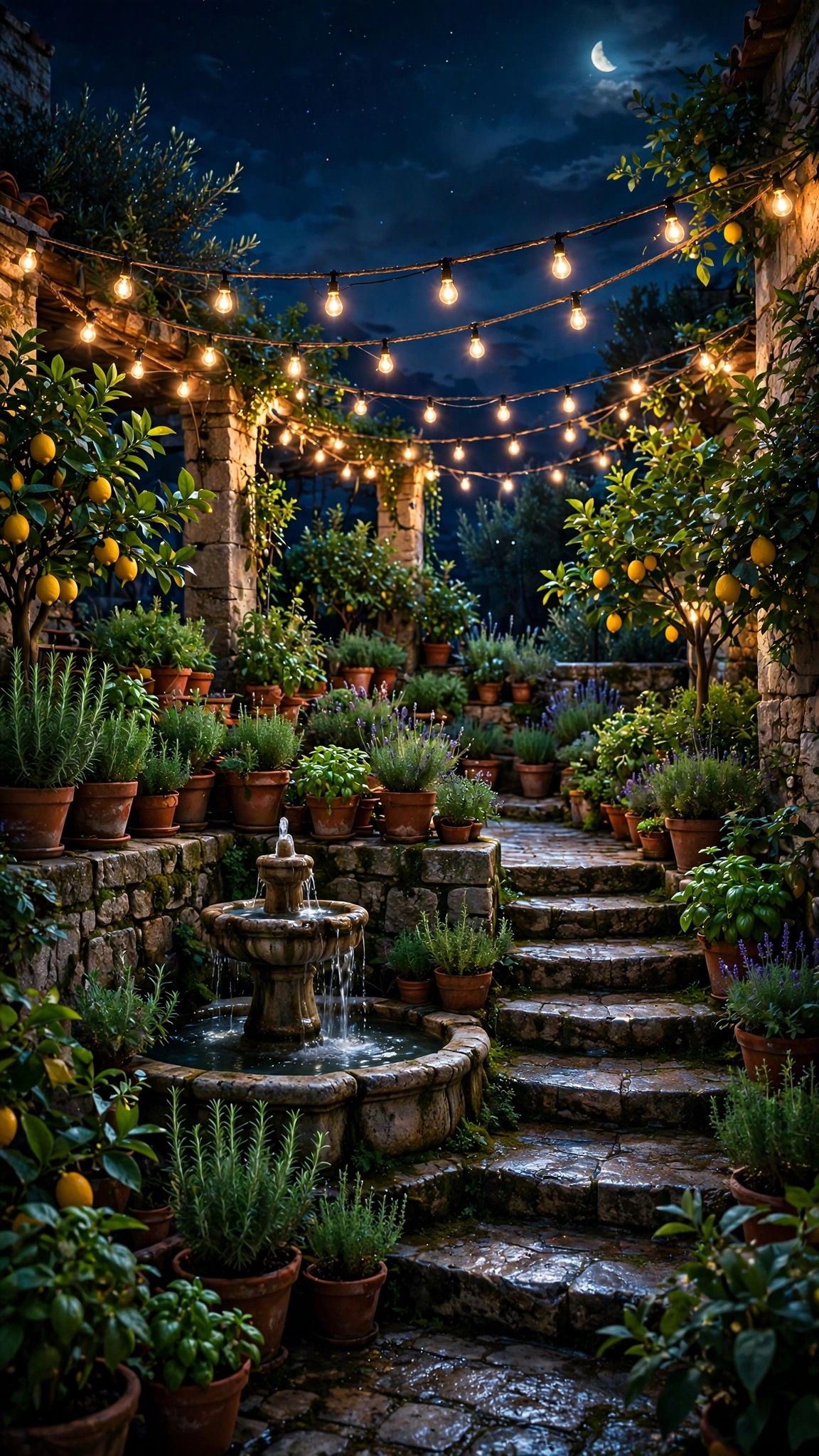 Moonlit Mediterranean terrace with herbs, lemon trees and string lights, vertical aesthetic wallpaper