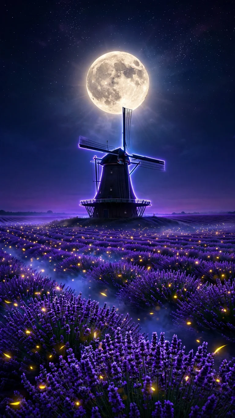 Moonlit Dutch windmill over purple lavender rows with fireflies under a starry sky, vertical aesthetic wallpaper