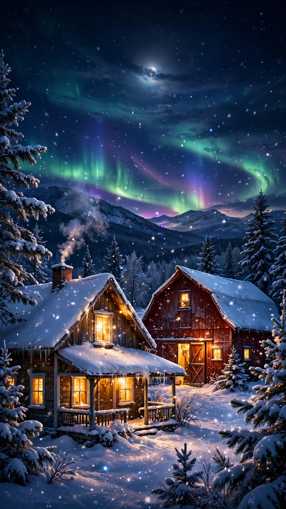 Snowy farmhouse and red barn with glowing windows under aurora and moonlight, vertical aesthetic wallpaper