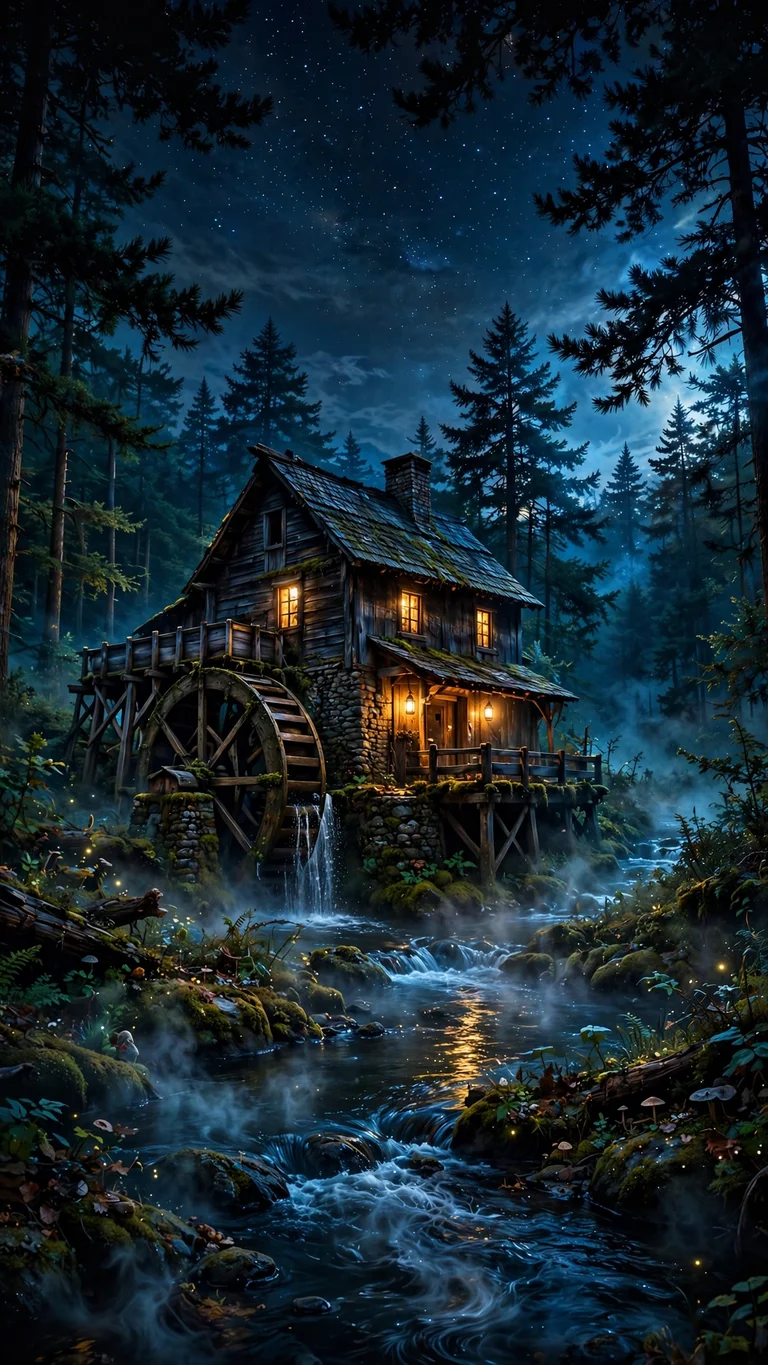 Starry night watermill with glowing windows beside a moonlit forest stream, vertical aesthetic wallpaper