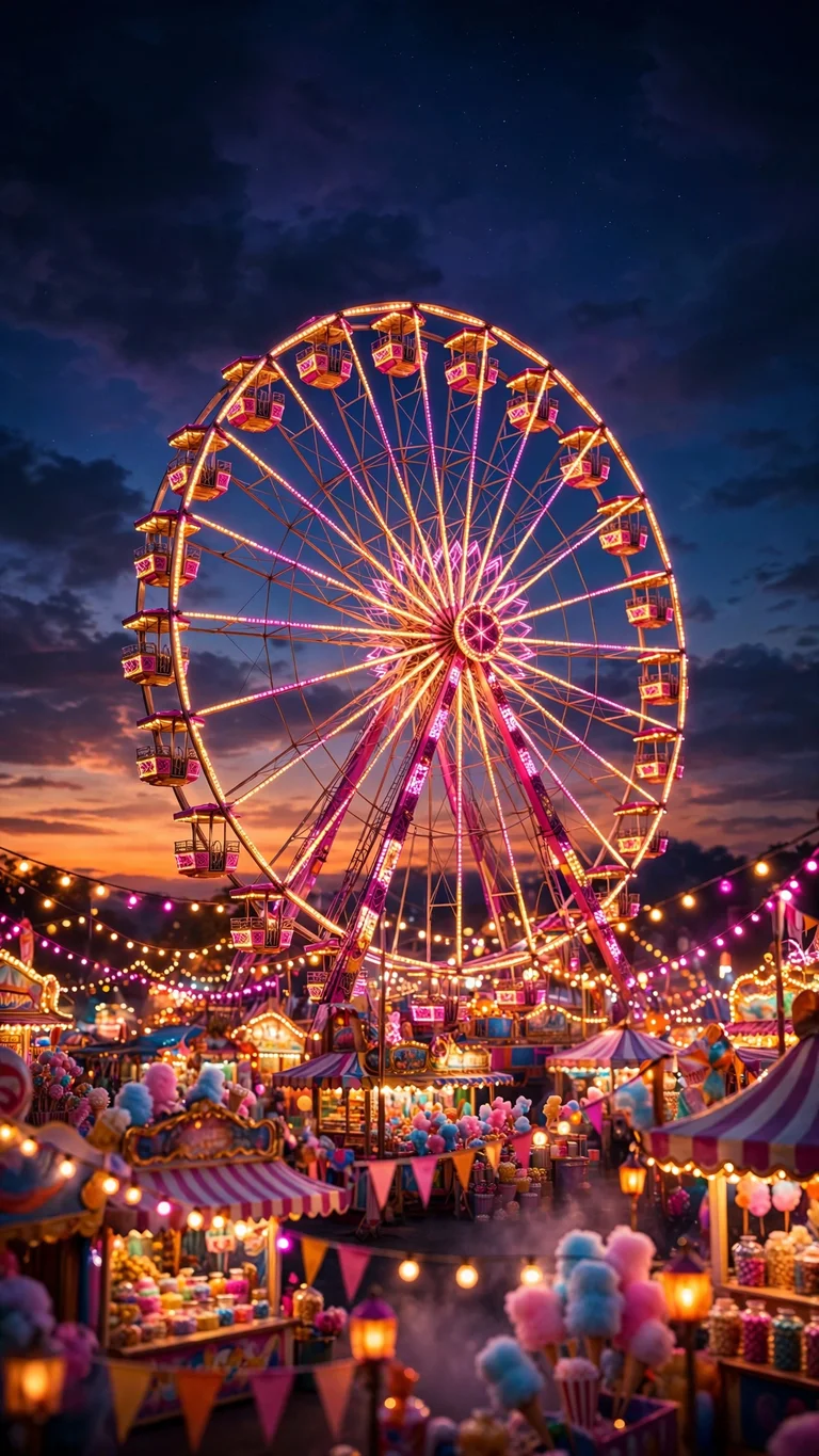 Glowing ferris wheel over a twilight carnival fairground with string lights, vertical aesthetic wallpaper