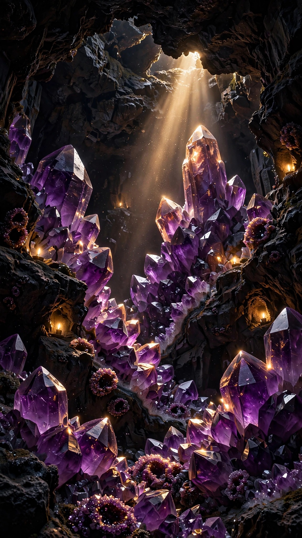 Amethyst geode cave with glowing violet crystal clusters and golden light shaft, vertical aesthetic wallpaper