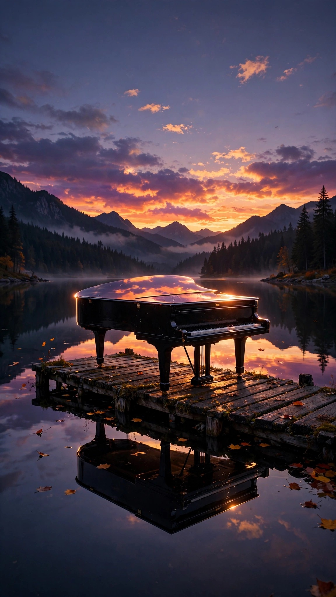 Grand piano on a lakeside jetty at sunset, glowing reflections on water and mountains, vertical aesthetic wallpaper