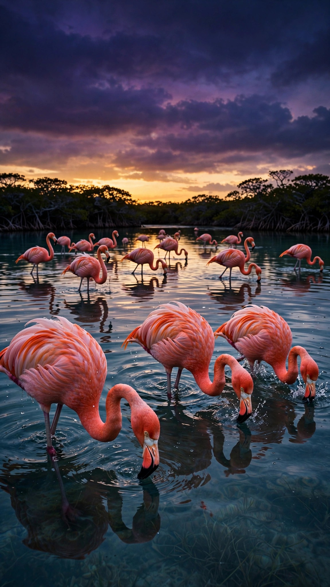 Flamingos wading in a lagoon at sunset with reflections, vertical aesthetic wallpaper