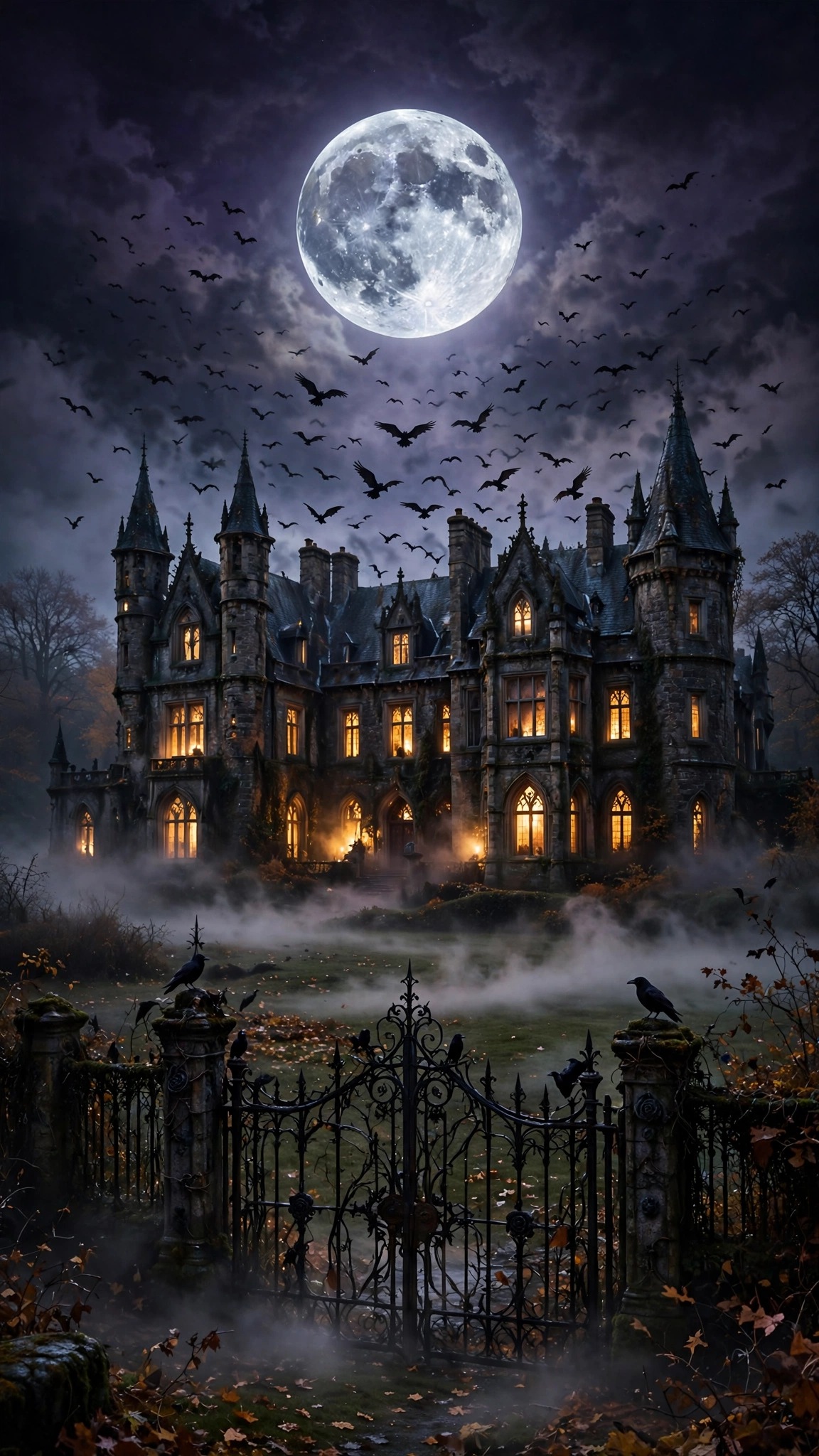 Gothic manor under full moon with crows and fog, Halloween vertical aesthetic wallpaper