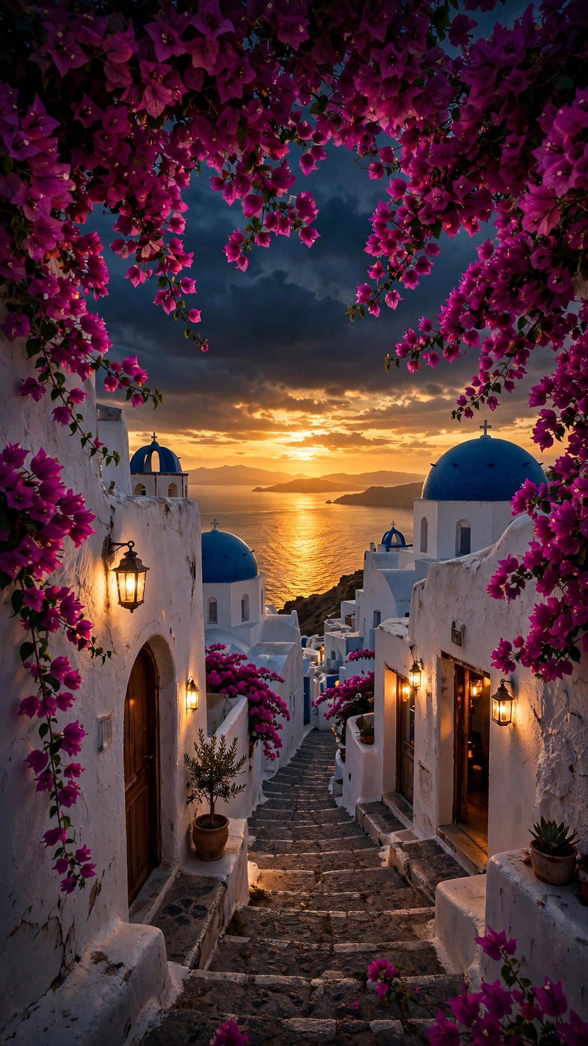 Santorini street with blue domes and bougainvillea at sunset, vertical aesthetic wallpaper