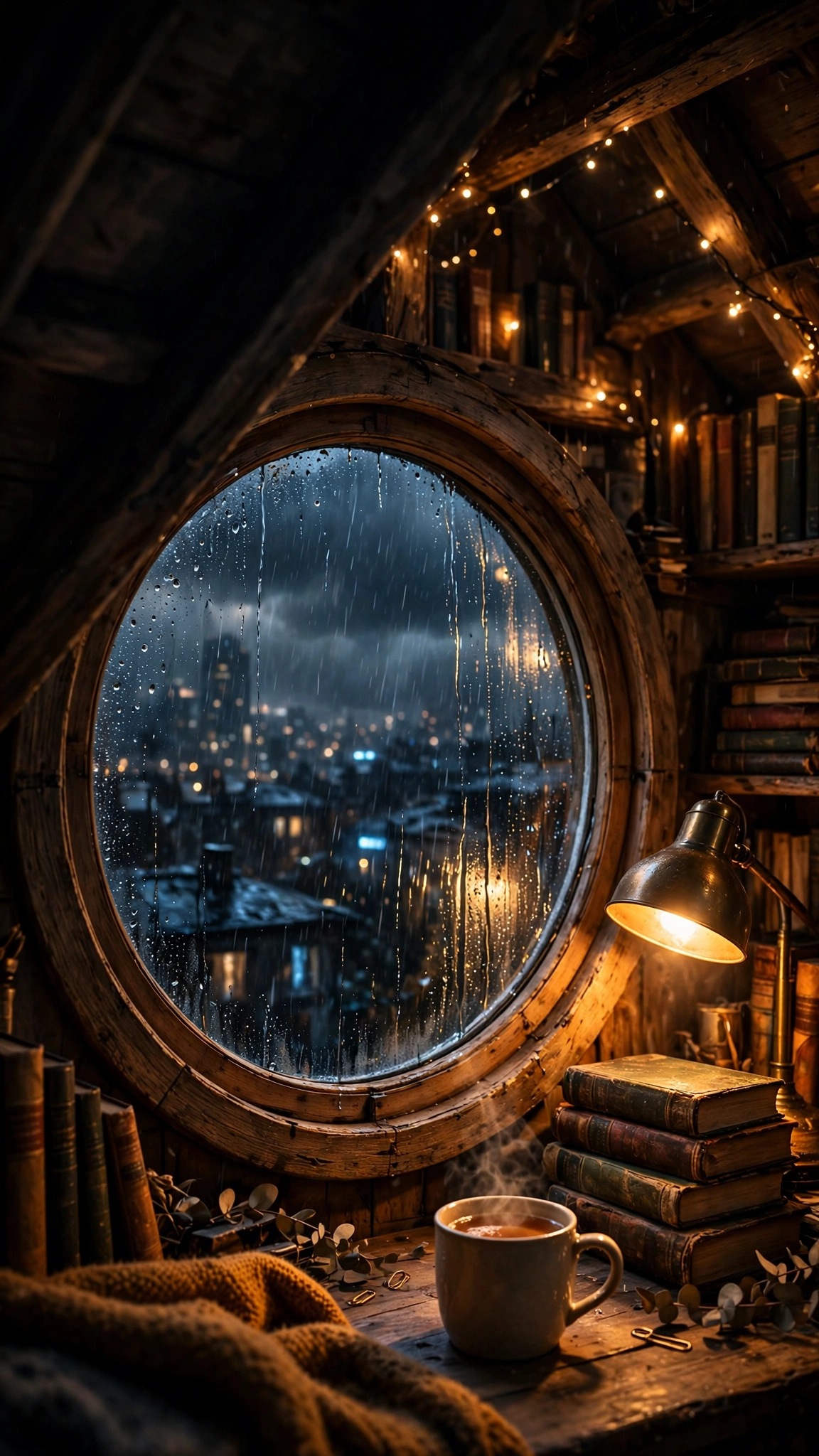 Cozy attic reading nook with rain-streaked round window looking out on a stormy night city, vertical aesthetic wallpaper