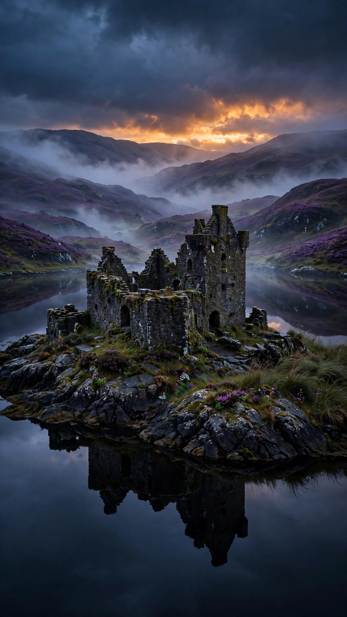 Stone castle ruin on a misty Highland loch at dusk with purple heather hills, vertical aesthetic wallpaper