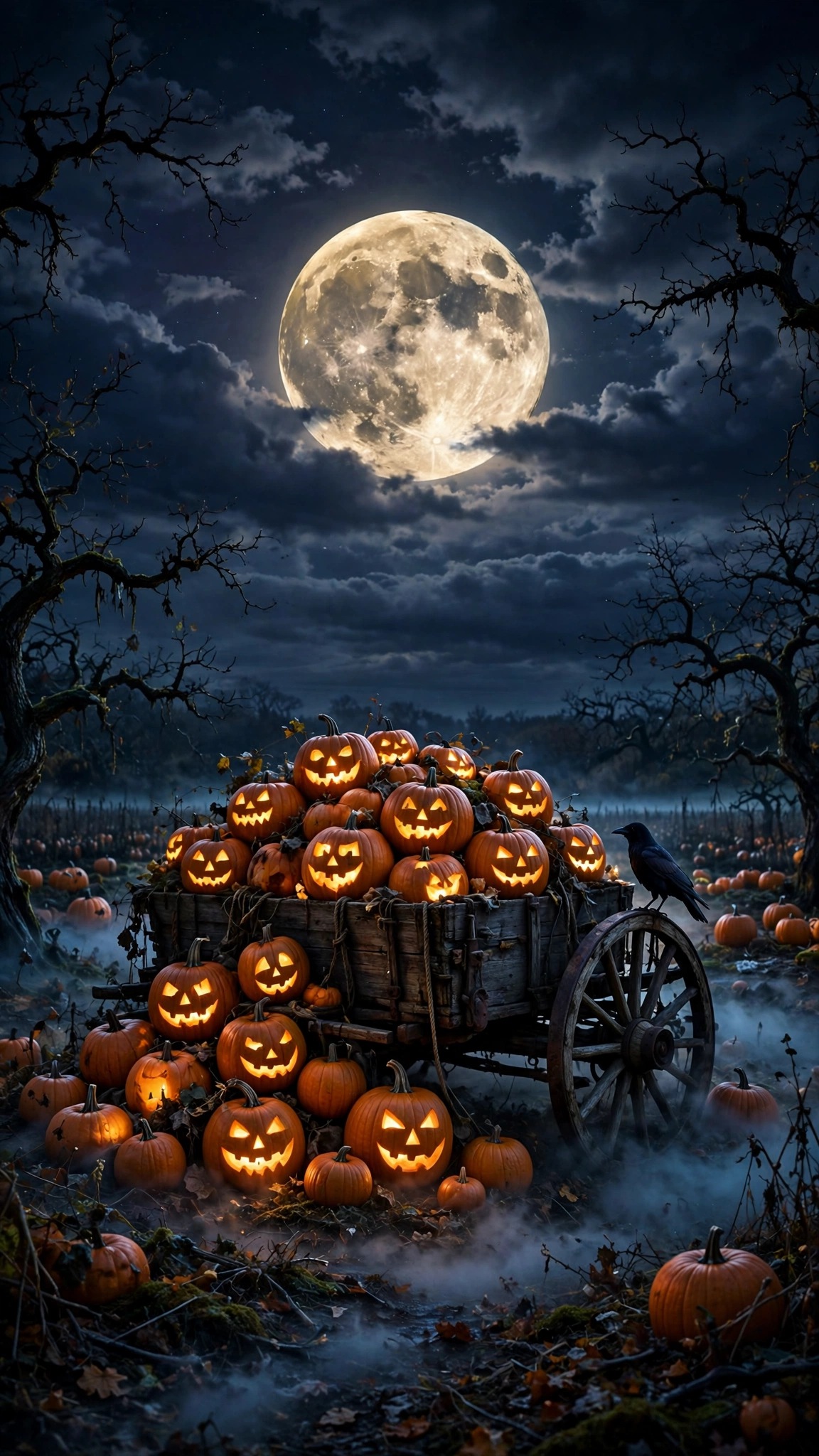 Wooden wagon full of glowing jack-o'-lanterns in a moonlit pumpkin patch under a harvest moon, vertical Halloween wallpaper