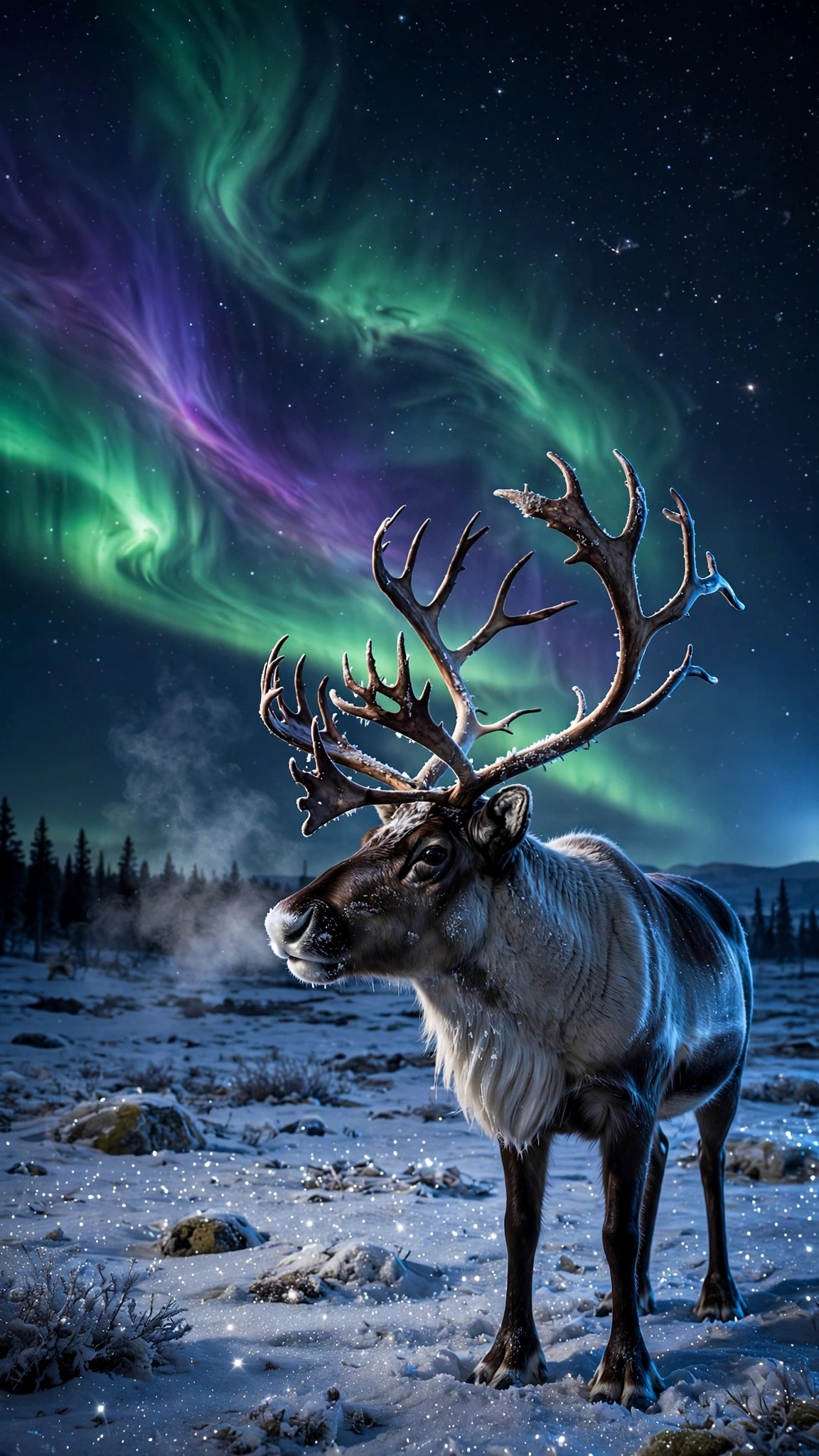 Reindeer with large antlers on snowy tundra under green and violet aurora borealis, vertical aesthetic wallpaper
