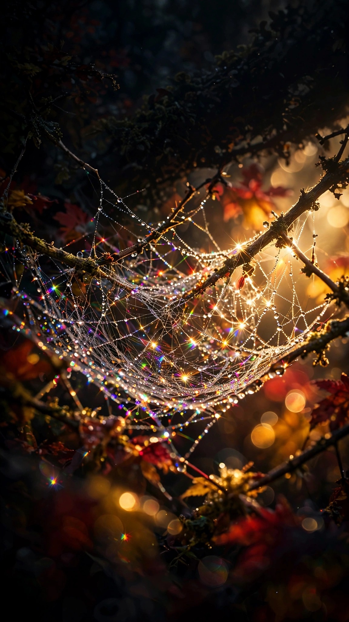 Macro of a dew-covered spiderweb glowing at sunrise among autumn branches, vertical aesthetic wallpaper