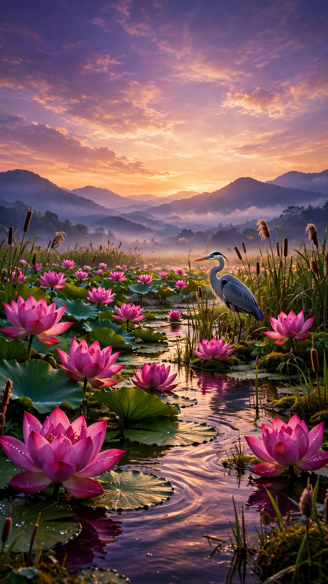 Lotus pond at sunset with pink blossoms and a heron among reeds, misty mountains behind, vertical aesthetic wallpaper