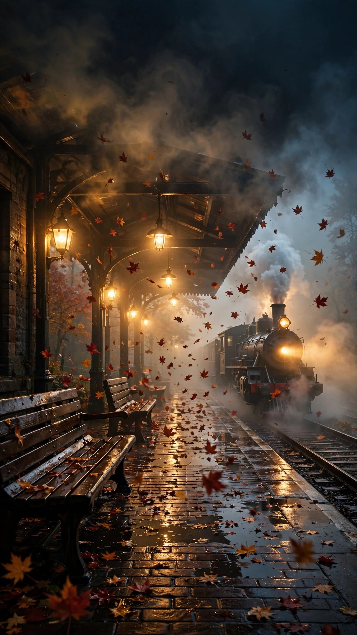 Vintage autumn train station platform in morning fog with falling leaves and steam train phone wallpaper