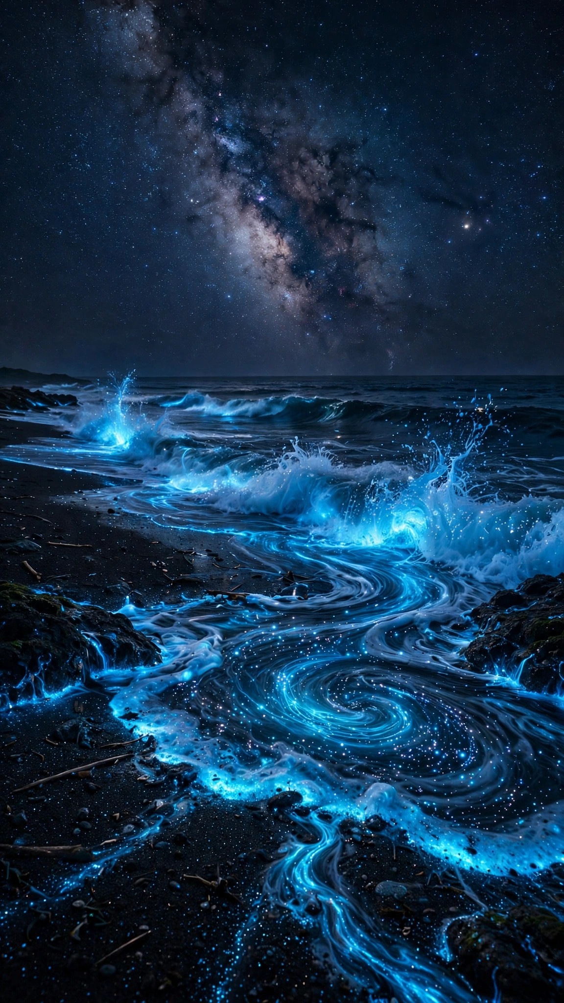 Bioluminescent glowing blue plankton waves crashing on a dark beach under a starry sky phone wallpaper