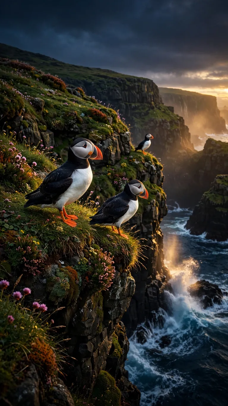 Faroe Puffin Cliffs at Sunset aesthetic wallpaper