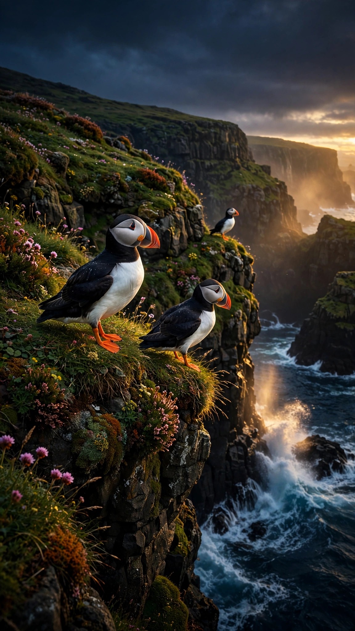 Faroe Puffin Cliffs at Sunset aesthetic wallpaper