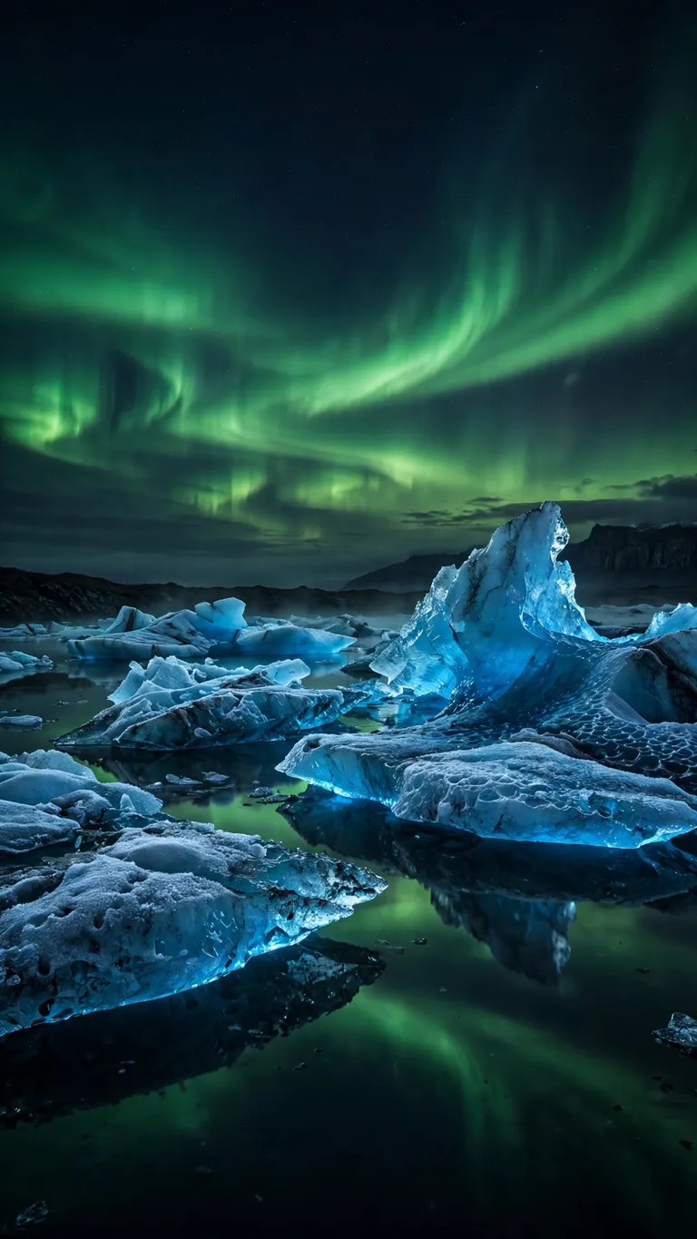 Glacier Lagoon Icebergs Under Aurora aesthetic wallpaper