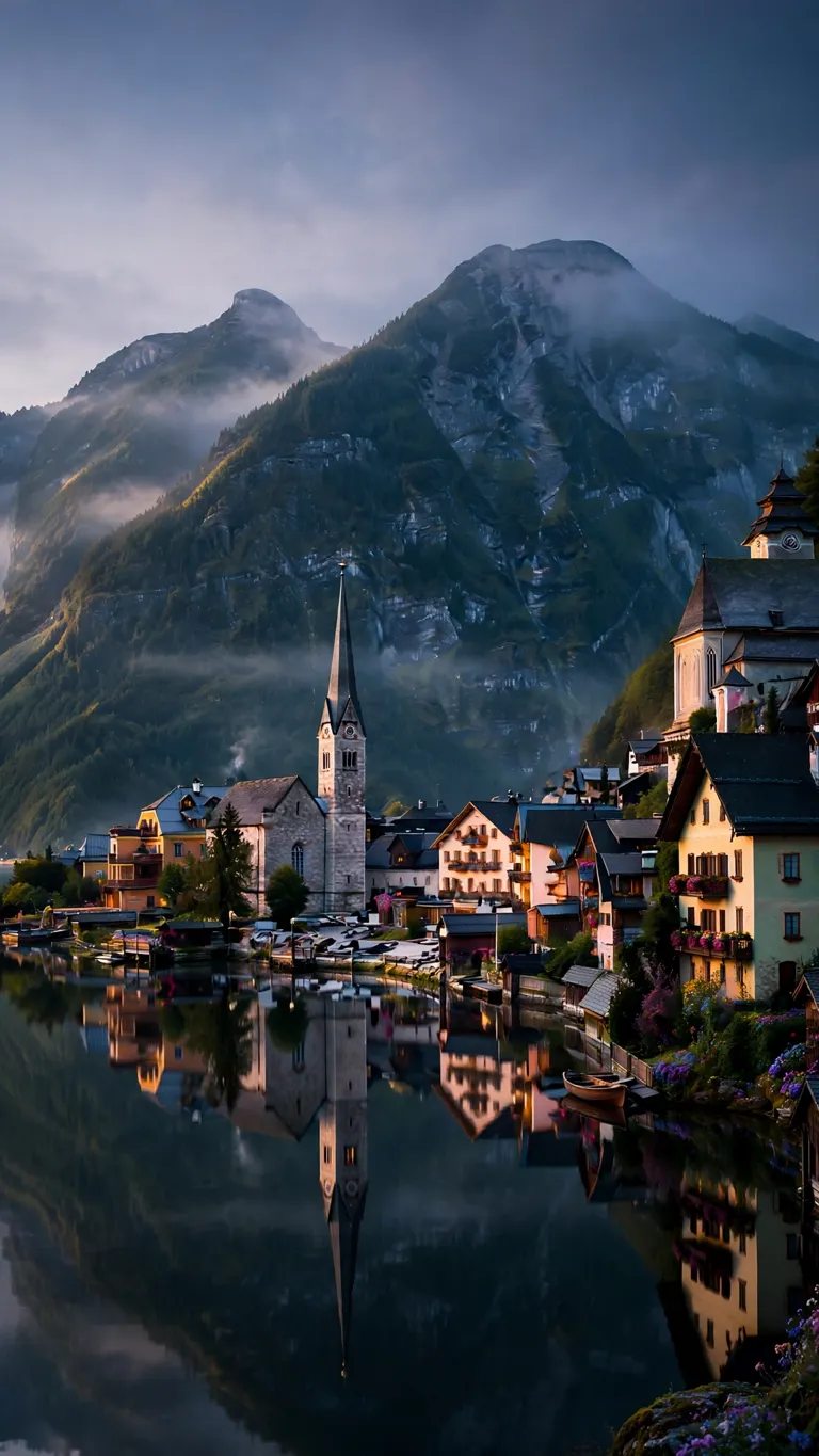 Hallstatt Lakeside Village at Dawn aesthetic wallpaper