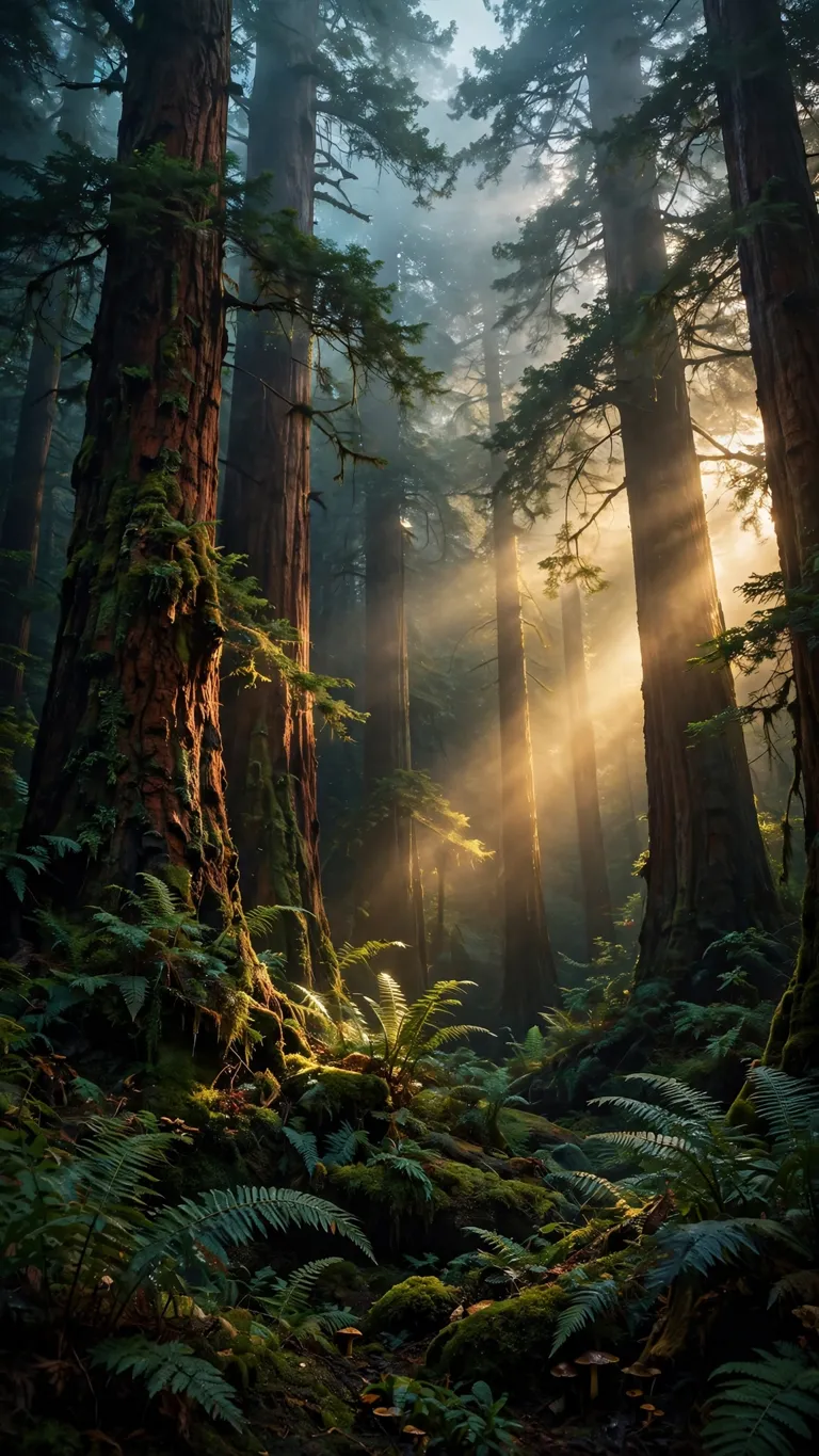 Redwood Forest Sunbeams in Fog aesthetic wallpaper